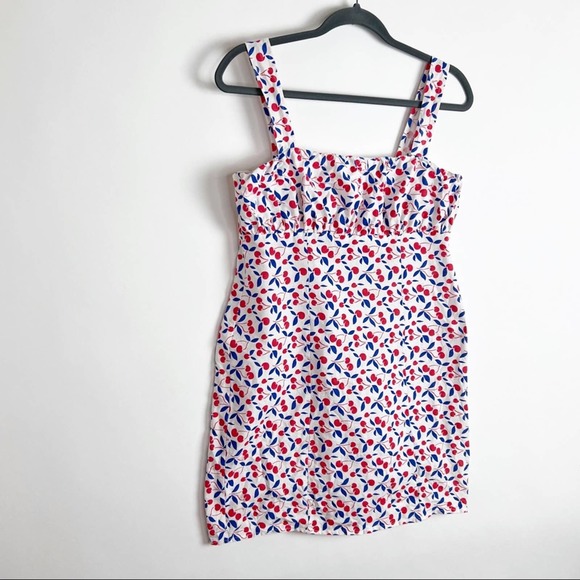ASOS Linen Cherry Print Linen Mini Dress 6 Red White Blue - Picture 2 of 9